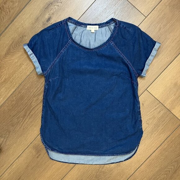 Cloth & Stone Anthropologie Blue High-Low Shortsleeve Tencel Top Shirt Sz S - Picture 1 of 5